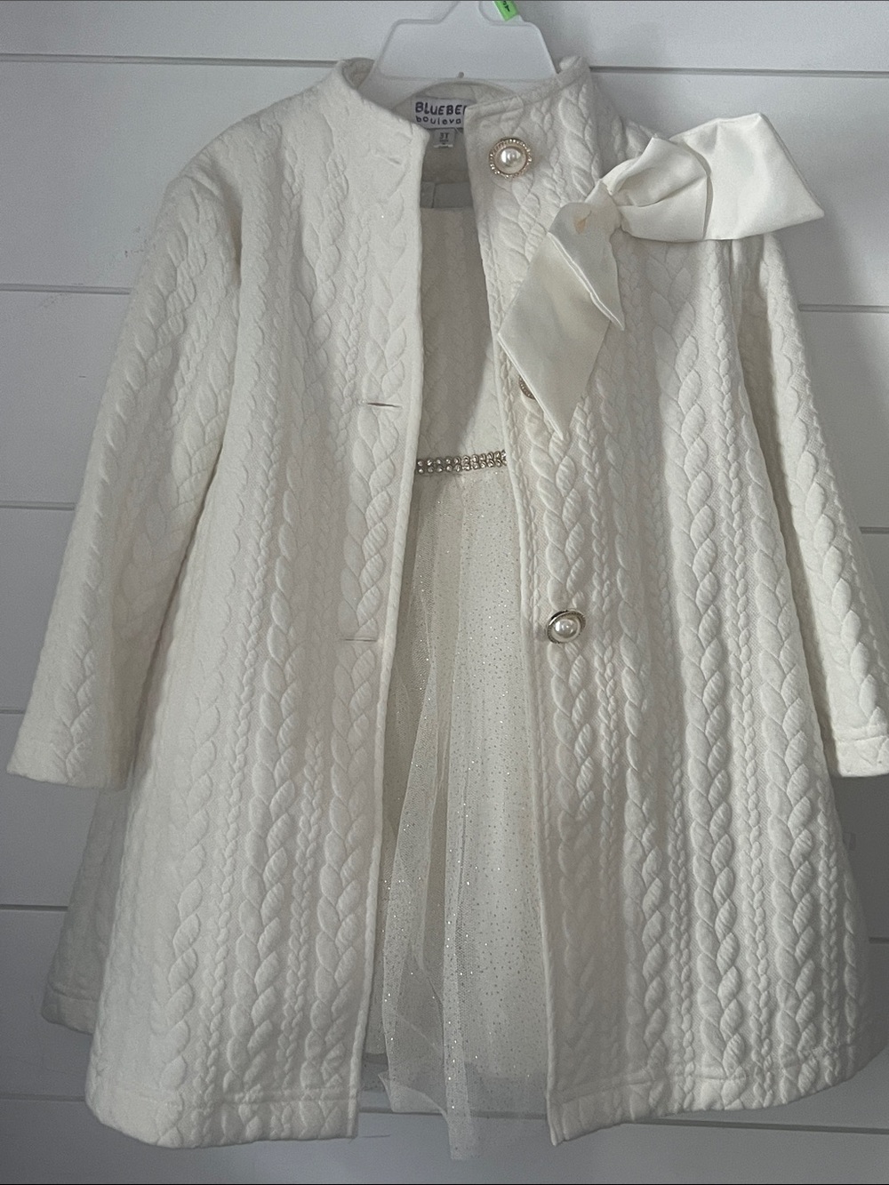 Blueberi Boulevard Ivory Quilted Girl’s Coat with Bow Accent